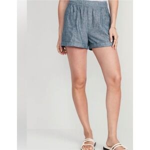 Old Navy High Rise Chambray Linen Blend Shorts Elastic Waist Casual Blue 3X NWOT